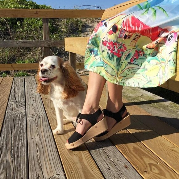 Sedette Sandal Co. Black Canvas & Wood Platform Wedge Retro Sandals Size 9.5 - Picture 2 of 11